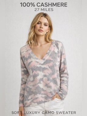 27 Miles 100% Cashmere Camo Sweater Pink Gray V-Neck Size M Soft Luxury Knit